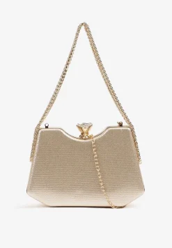 Złota Błyszcząca Torebka w Stylu Kopertówki z Odpinanym Łańcuszkiem Heriora