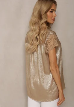 Złota Casualowa Bluzka z Koronką i Krótkim Rękawem Garista