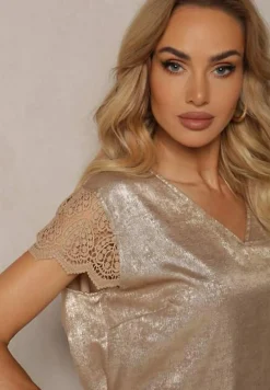 Złota Casualowa Bluzka z Koronką i Krótkim Rękawem Garista