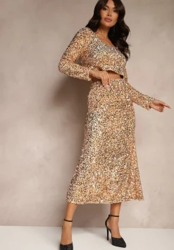 Złota Cekinowa Spódnica w Koktajlowym Stylu Gumką w Pasie Berizola