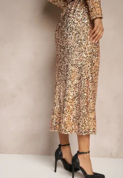 Złota Cekinowa Spódnica w Koktajlowym Stylu Gumką w Pasie Berizola