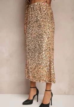 Złota Cekinowa Spódnica w Koktajlowym Stylu Gumką w Pasie Berizola