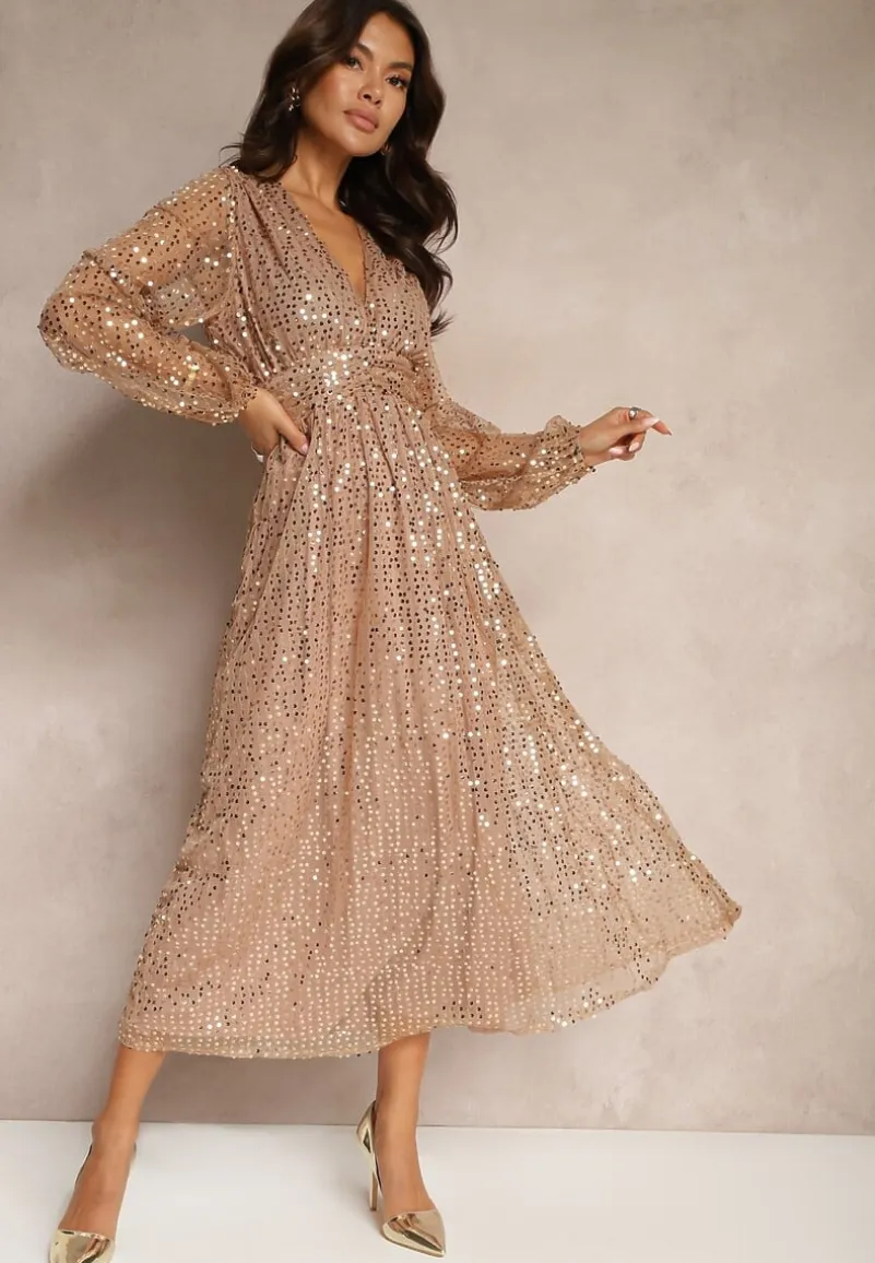 Złota Cekinowa Sukienka Kopertowa z Siateczki o Rozkloszowanym Kroju Bonissa