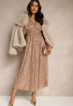 Złota Cekinowa Sukienka Kopertowa z Siateczki o Rozkloszowanym Kroju Bonissa