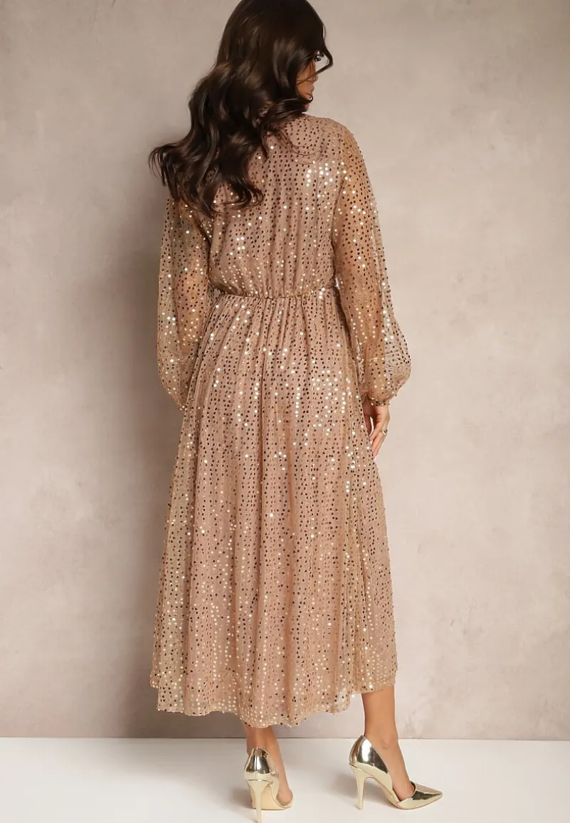 Złota Cekinowa Sukienka Kopertowa z Siateczki o Rozkloszowanym Kroju Bonissa