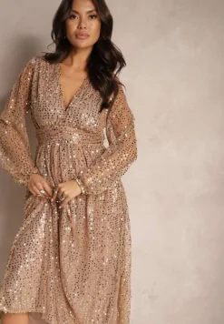 Złota Cekinowa Sukienka Kopertowa z Siateczki o Rozkloszowanym Kroju Bonissa