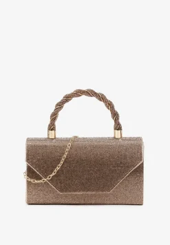 Złota Cyrkoniowa Torebka Kopertówka Zapinana na Magnes z Rączką i Łańcuszkiem Alatia