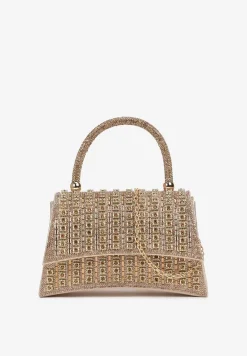 Złota Cyrkoniowa Torebka w Koktajlowym Stylu z Rączką i Łańcuszkiem na Ramię Yolatia