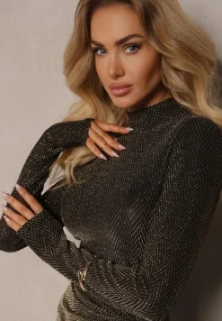 Złota Koktajlowa Sukienka z Wiskozą Rozcięciem z Boku i Marszczeniem Lilwin