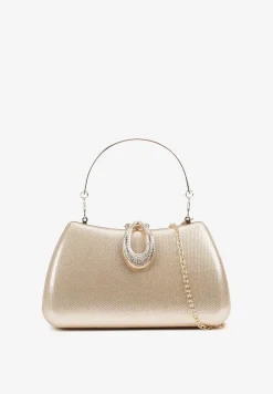 Złota Koktajlowa Torebka z Rączką Cyrkoniami i Odpinanym Łańcuszkiem Korida