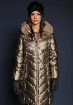 Złota Pikowana Kurtka Metaliczna z Kapturem i Futerkiem Vivana