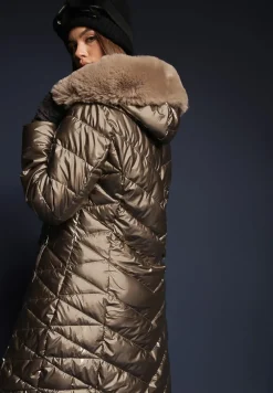 Złota Pikowana Kurtka Metaliczna z Kapturem i Futerkiem Vivana