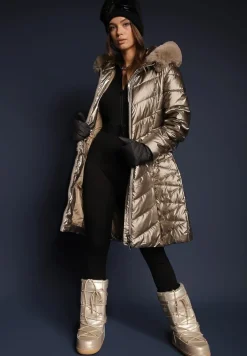 Złota Pikowana Kurtka Metaliczna z Kapturem i Futerkiem Vivana