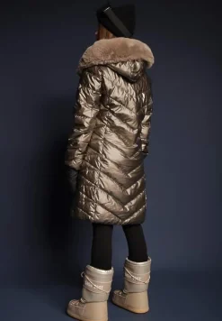 Złota Pikowana Kurtka Metaliczna z Kapturem i Futerkiem Vivana