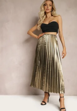 Złota Połyskująca Spódnica Plisowana Maxi Vilira