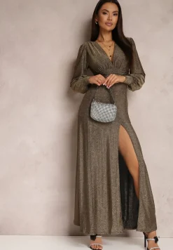 Złota Sukienka Wieczorowa z Głębokim Dekoltem Phaly