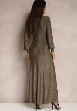 Złota Sukienka Wieczorowa z Głębokim Dekoltem Phaly