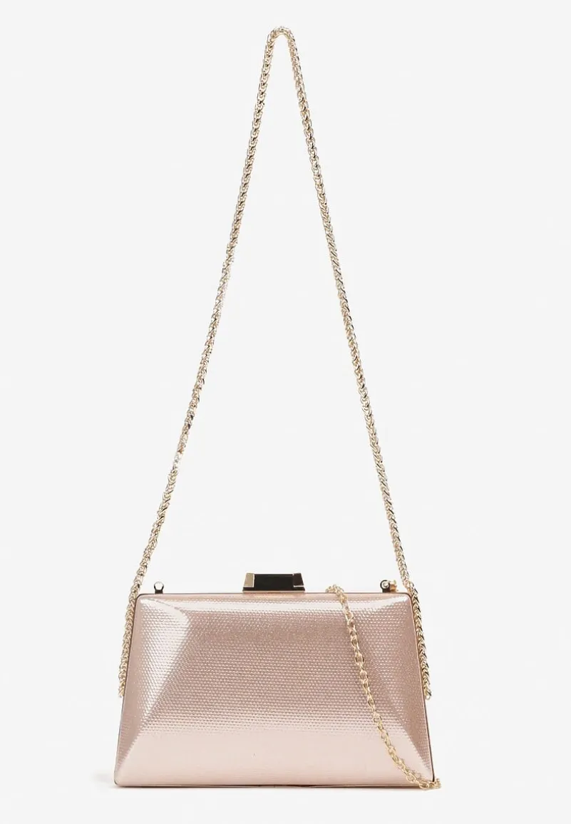 Złota Szampańska Torebka Kopertówka z Łańcuszkiem Ozdobiona Połyskiem Jalida