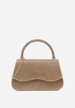 Złota Torebka Koktajlowa z Rączką Wysadzana Cyrkoniami z Łańcuszkiem Halorea