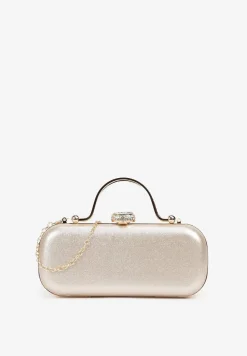 Złota Torebka Koktajlowa Zapinana na Zatrzask z Łańcuszkiem i Rączką Ozdobiona Cyrkoniami Carsea