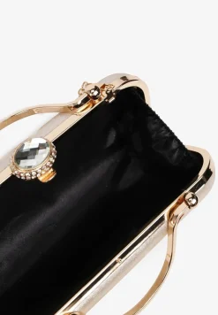 Złota Torebka Koktajlowa Zapinana na Zatrzask z Łańcuszkiem i Rączką Ozdobiona Cyrkoniami Carsea