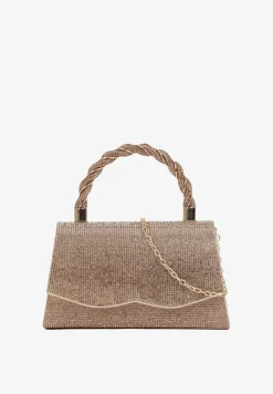 Złota Torebka Kopertówka z Łańcuszkiem i Rączką Zapinana na Zatrzask Ozdobiona Cyrkoniami Uvatia