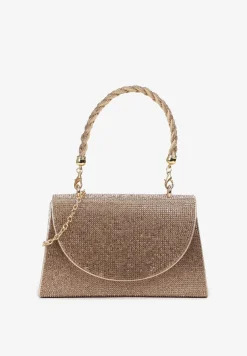 Złota Torebka na Ramię z Długim Paskiem i Rączką Ozdobiona Cyrkoniami Zalagia