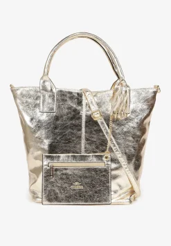 Złota Torebka Shopperka z Bawełną Ozdobiona Połyskiem Acredde