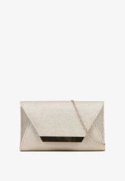 Złota Wieczorowa Torebka Kopertówka Zdobiona Aplikacją i Łańcuszkiem Miliorra