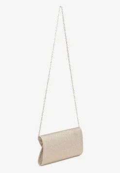 Złota Wieczorowa Torebka Kopertówka Zdobiona Aplikacją i Łańcuszkiem Miliorra