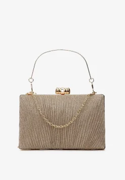 Złota Wieczorowa Torebka Ozdobiona Brokatem i Łańcuszkiem Kromea