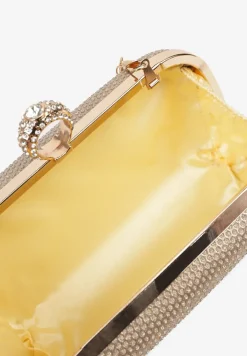 Złota Wieczorowa Torebka z Biżuteryjnym Uchwytem i Odpinanym Łańcuszkiem Millira