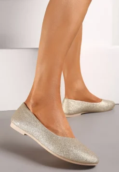 Złote Brokatowe Balerinki na Płaskiej Podeszwie Uarneli