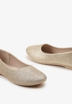 Złote Brokatowe Balerinki na Płaskiej Podeszwie Uarneli
