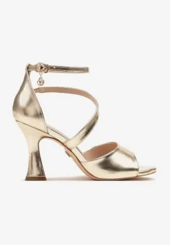 Złote Asymetryczne Sandały Vices na Obcasie Typu Klepsydra Sarolise