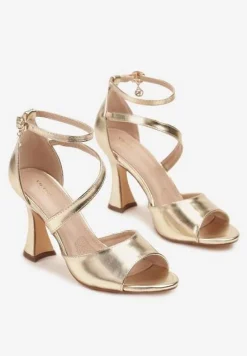 Złote Asymetryczne Sandały Vices na Obcasie Typu Klepsydra Sarolise