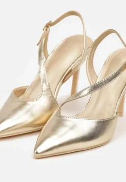 Złote Asymetryczne Sandały Vices na Obcasie ze Szpiczastym Noskiem Niriese