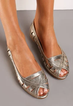 Złote Ażurowe Balerinki Peep Toe z Wkładką ze Skóry Naturalnej Darifna