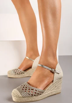 Złote Ażurowe Sandały na Koturnie Ozdobionym Plecionką z Juty Zapinane przy Kostce Conna