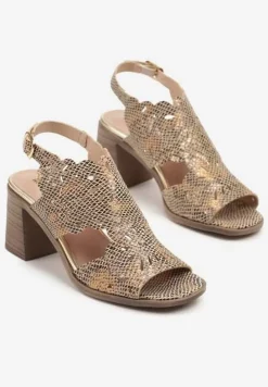 Złote Ażurowe Sandały na Słupku ze Skórzaną Wkładką Lianisse