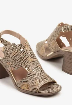 Złote Ażurowe Sandały na Słupku ze Skórzaną Wkładką Lianisse