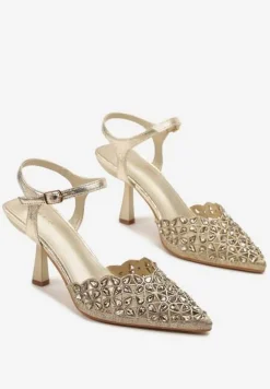 Złote Ażurowe Sandały na Szpilce Vices Ozdobione Cyrkoniami Nilathra