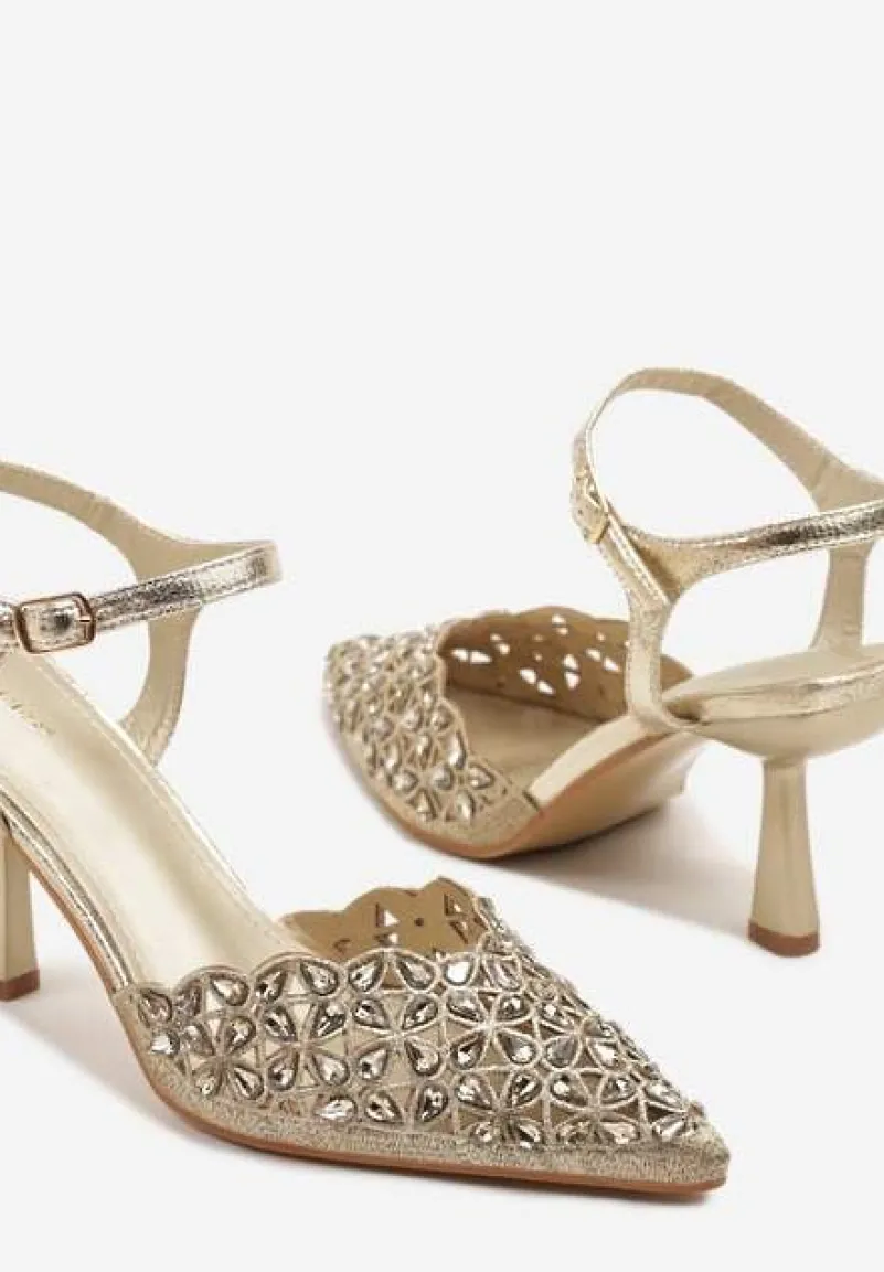 Złote Ażurowe Sandały na Szpilce Vices Ozdobione Cyrkoniami Nilathra