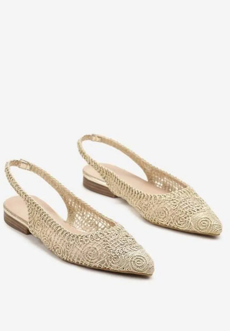 Złote Ażurowe Sandały Slingback ze Szpiczastym Noskiem Eridoria