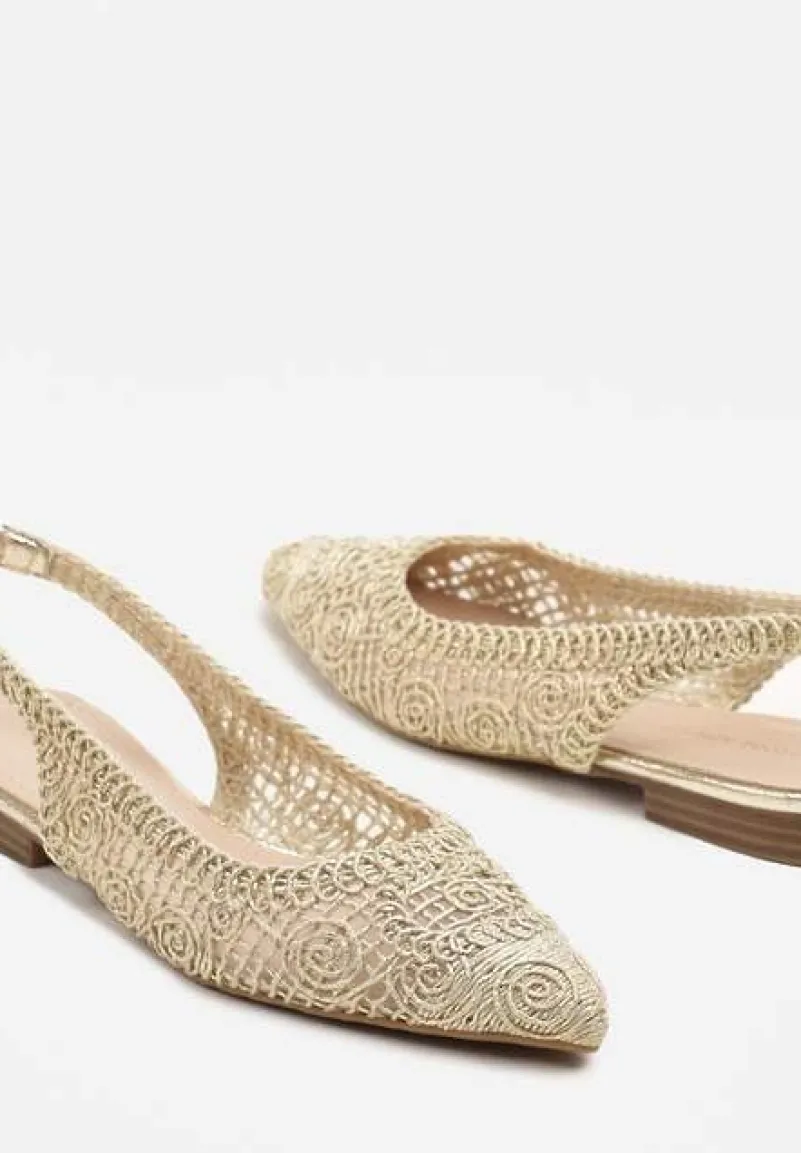 Złote Ażurowe Sandały Slingback ze Szpiczastym Noskiem Eridoria