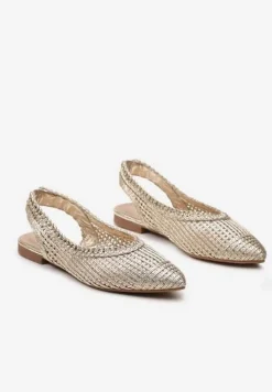 Złote Ażurowe Sandały z Odkrytą Piętą i Szpiczastym Noskiem Olpia