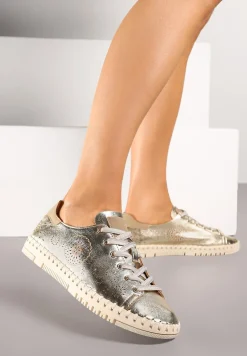 Złote Ażurowe Tenisówki z Ozdobnymi Przeszyciami przy Podeszwie Zarelle