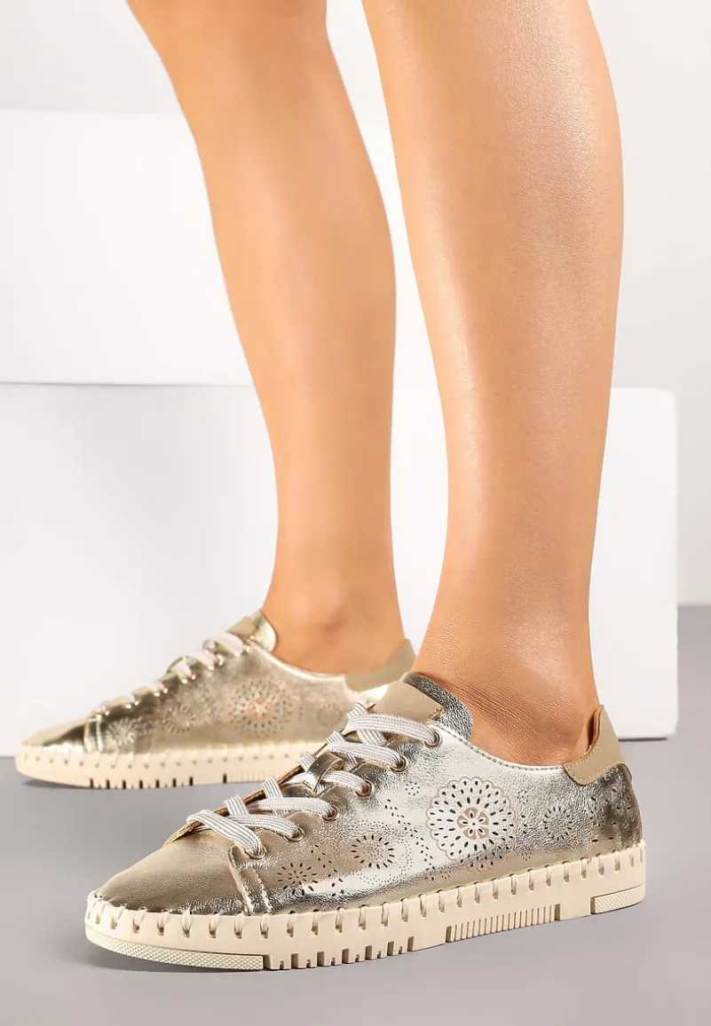 Złote Ażurowe Tenisówki z Ozdobnymi Przeszyciami przy Podeszwie Zarelle