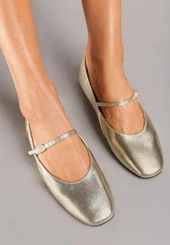 Złote Balerinki Mary Jane na Płaskiej Podeszwie z Paskami na Sprzączki Zinitia
