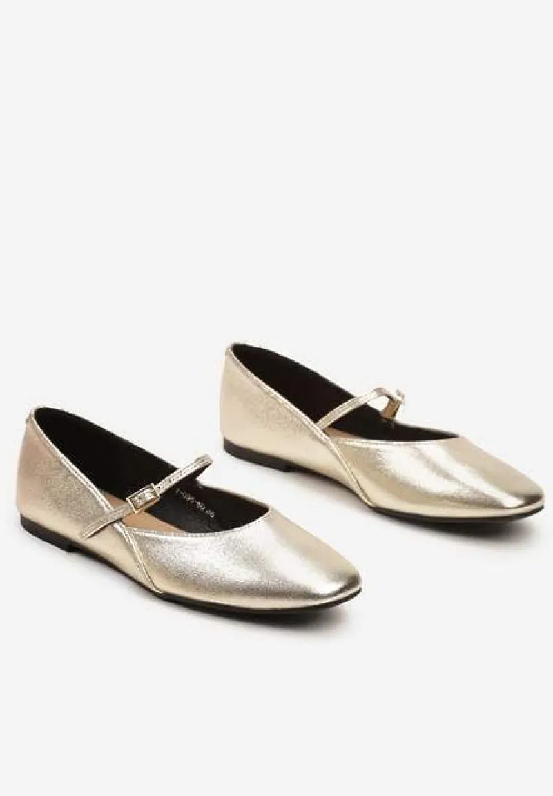 Złote Balerinki Mary Jane na Płaskiej Podeszwie z Paskami na Sprzączki Zinitia